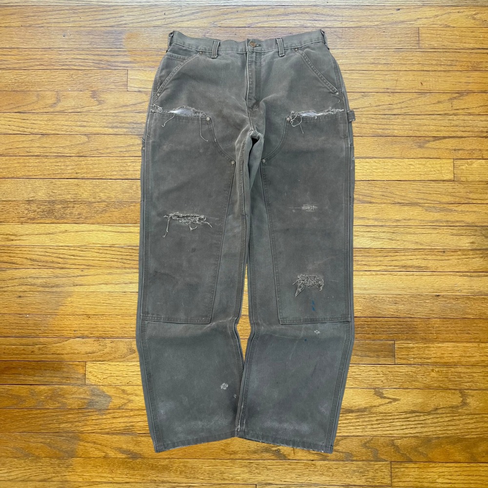 Carhartt B136-MOS Double Front Work Pants Moss Green Distressed Mens 32x29.5